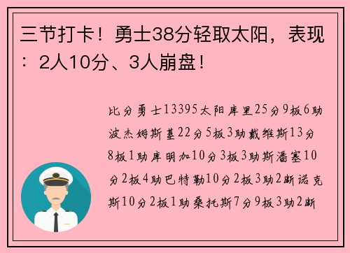 三节打卡！勇士38分轻取太阳，表现：2人10分、3人崩盘！