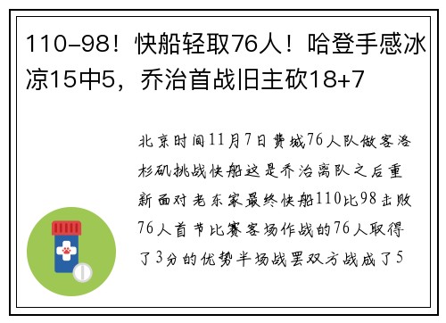 110-98！快船轻取76人！哈登手感冰凉15中5，乔治首战旧主砍18+7