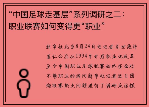“中国足球走基层”系列调研之二：职业联赛如何变得更“职业”